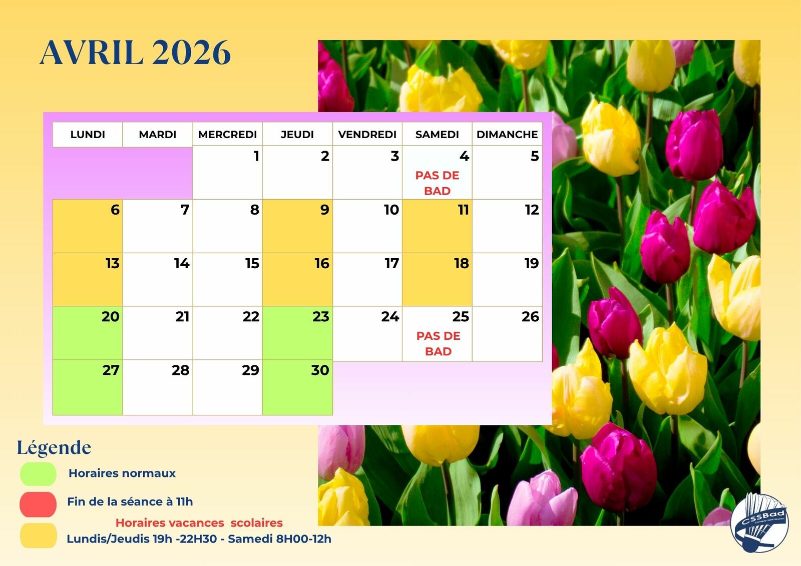 Horaires sessions avril