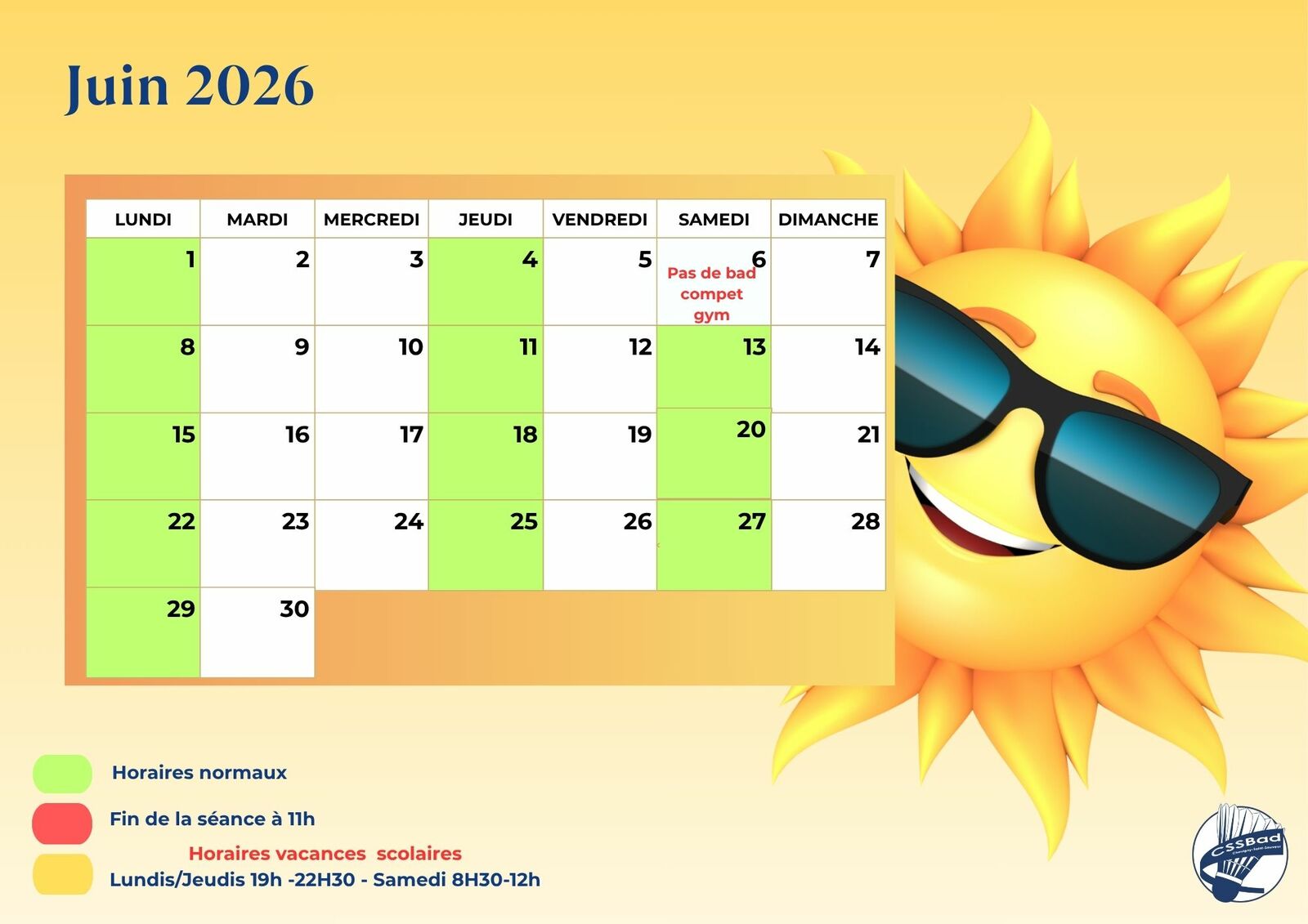 Horaires juin 2026